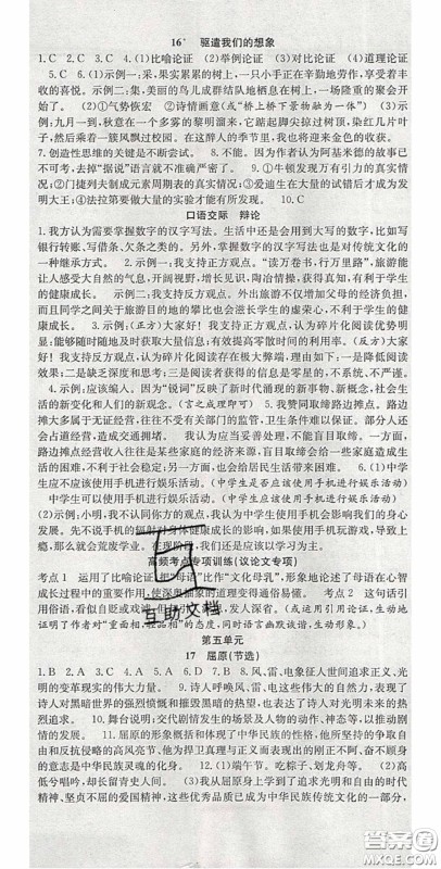 2020宏远龙七天学案学练考九年级语文下册人教版答案