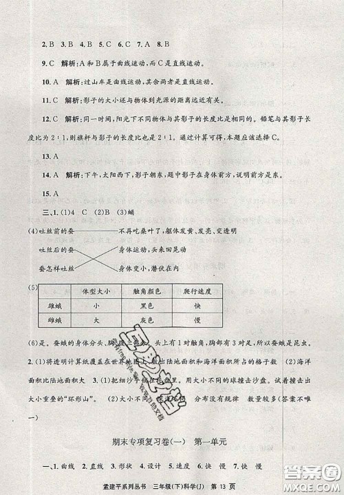 2020年孟建平各地期末试卷精选三年级科学下册教科版答案 2020年孟建平各地期末试卷精选三年级科学下册教科版答案