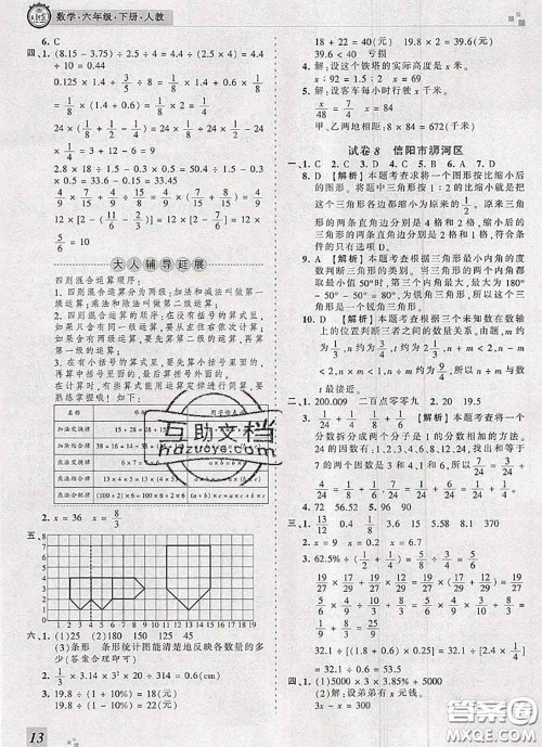 2020年王朝霞各地期末试卷精选六年级数学下册人教版河南专版答案