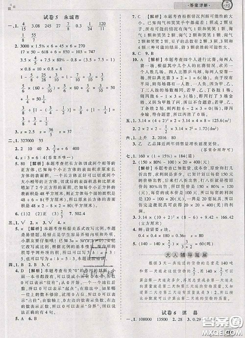 2020年王朝霞各地期末试卷精选六年级数学下册北师版河南专版答案