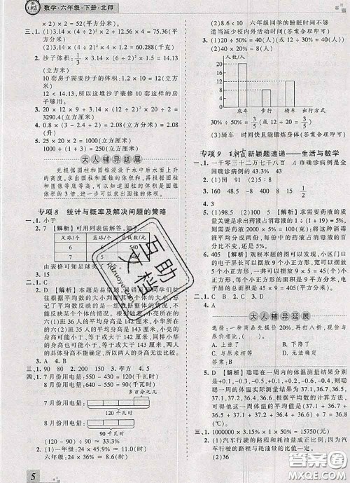 2020年王朝霞各地期末试卷精选六年级数学下册北师版河南专版答案