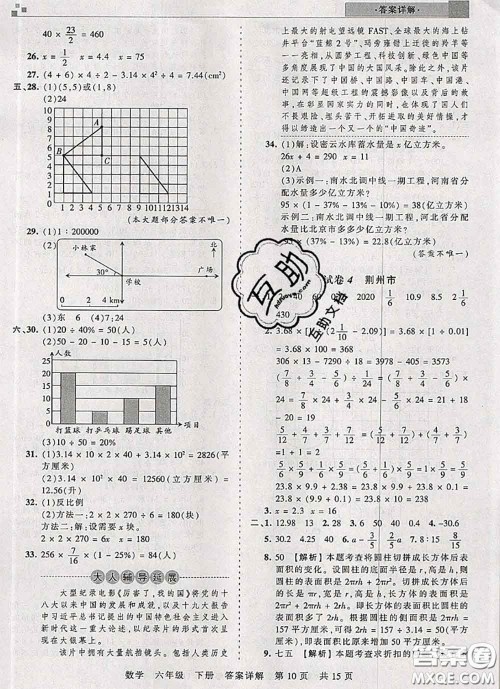 2020年王朝霞各地期末试卷精选六年级数学下册人教版湖北专版答案