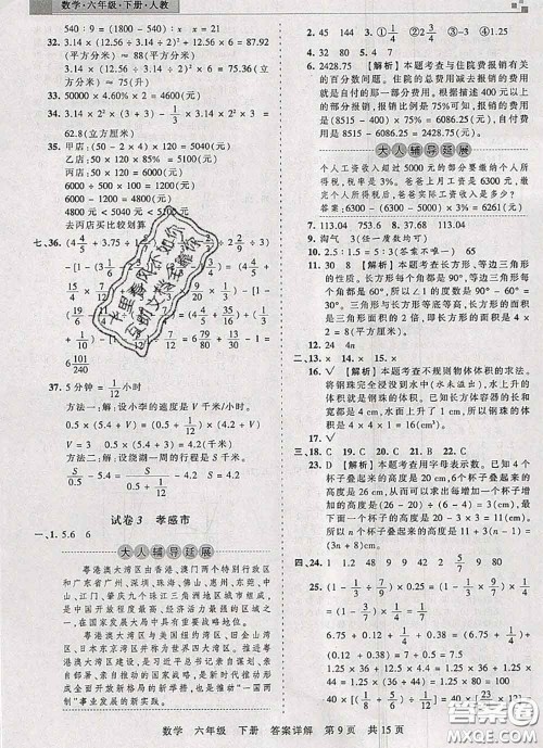 2020年王朝霞各地期末试卷精选六年级数学下册人教版湖北专版答案