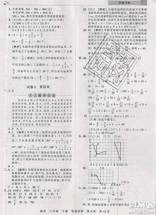 2020年王朝霞各地期末试卷精选六年级数学下册人教版湖北专版答案