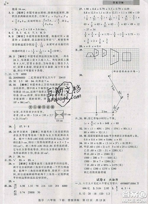 2020年王朝霞各地期末试卷精选六年级数学下册人教版湖北专版答案