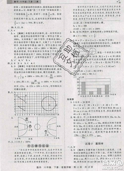 2020年王朝霞各地期末试卷精选六年级数学下册人教版湖北专版答案