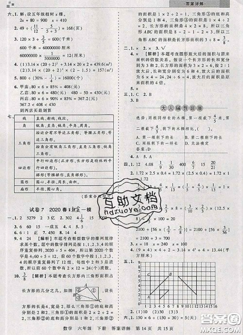 2020年王朝霞各地期末试卷精选六年级数学下册人教版湖北专版答案