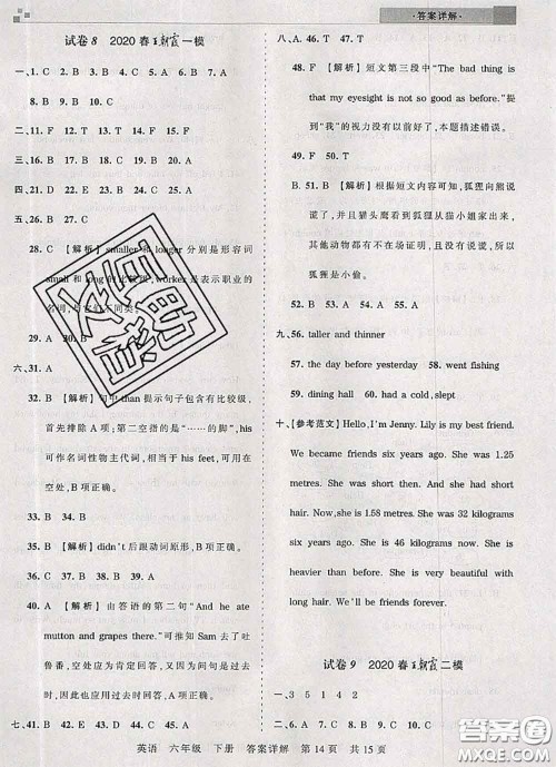 2020年王朝霞各地期末试卷精选六年级英语下册人教版湖北专版答案 2020年王朝霞各地期末试卷精选六年级英语下册人教版湖北专版答案
