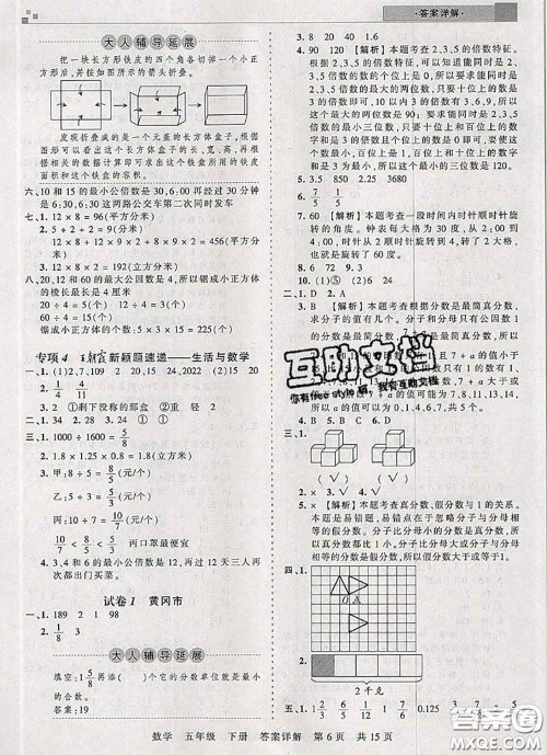 2020年王朝霞各地期末试卷精选五年级数学下册人教版湖北专版答案