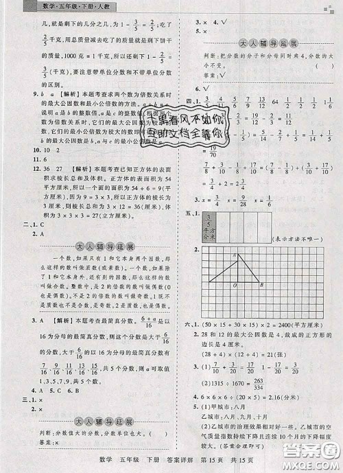 2020年王朝霞各地期末试卷精选五年级数学下册人教版湖北专版答案