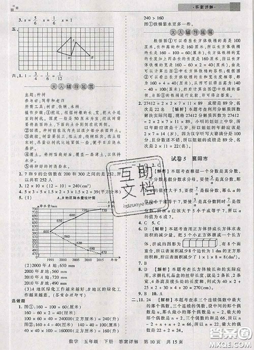 2020年王朝霞各地期末试卷精选五年级数学下册人教版湖北专版答案