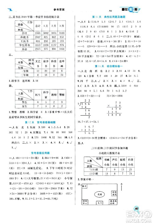 2020年暑假学期总复习赢在假期期末暑假数学三年级RJ人教版参考答案