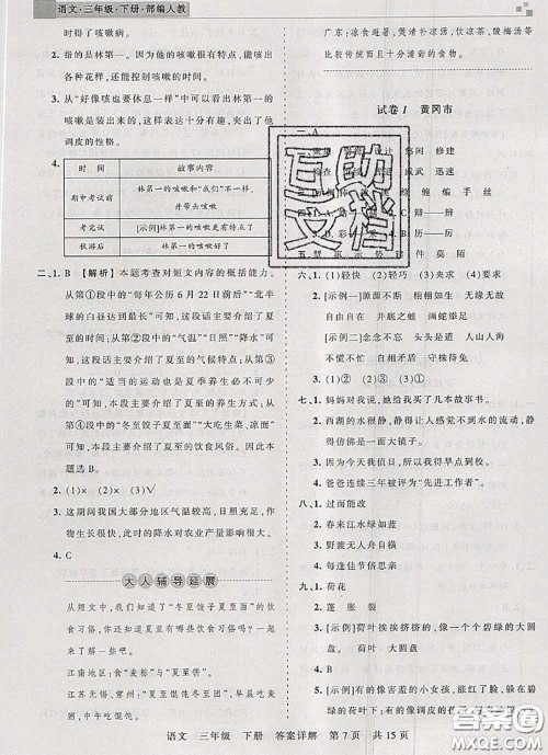 2020年王朝霞各地期末试卷精选三年级语文下册人教版湖北专版答案