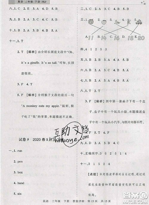 2020年王朝霞各地期末试卷精选三年级英语下册人教版湖北专版答案