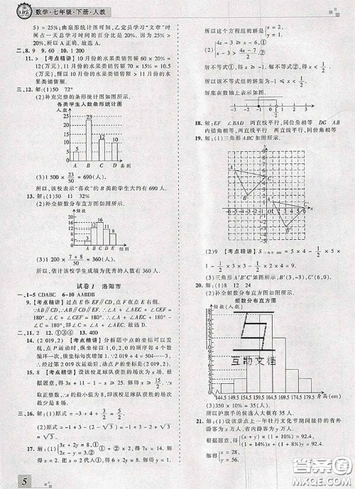 2020年王朝霞各地期末试卷精选七年级数学下册人教版河南专版答案