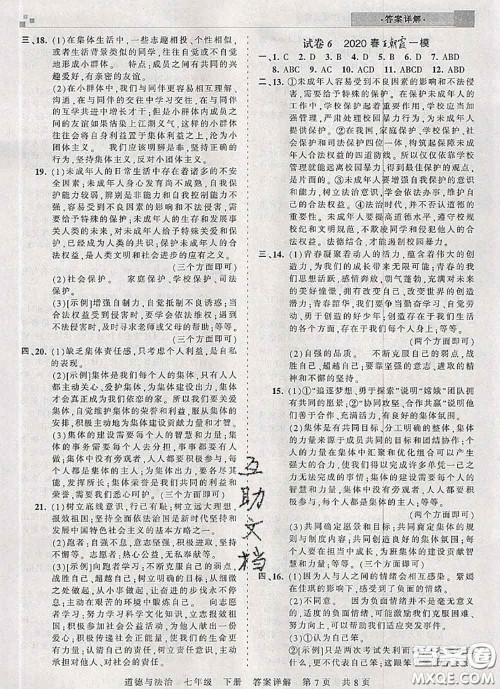 2020年王朝霞各地期末试卷精选七年级道德与法治下册人教版河南专版答案 2020年王朝霞各地期末试卷精选七年级道德与法治下册人教版河南专版答案
