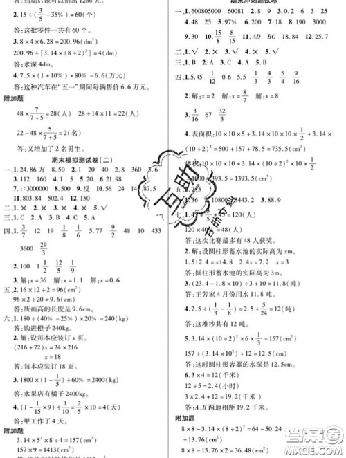 新疆文化出版社2020年先锋大考卷六年级数学下册人教版答案