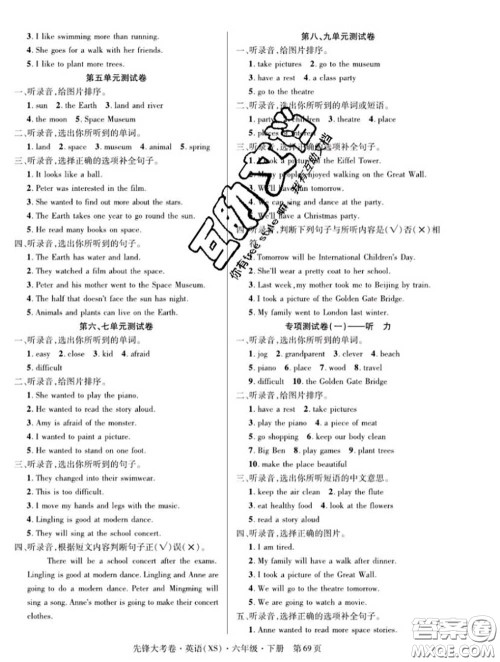 新疆文化出版社2020年先锋大考卷六年级英语下册湘少版答案 新疆文化出版社2020年先锋大考卷六年级英语下册湘少版答案