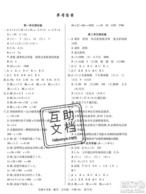 新疆文化出版社2020年先锋大考卷五年级数学下册苏教版答案