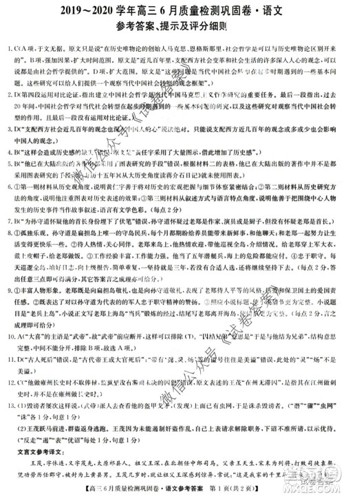 九师联盟2019-2020学年高三6月质量检测巩固卷语文答案 九师联盟2019-2020学年高三6月质量检测巩固卷语文答案