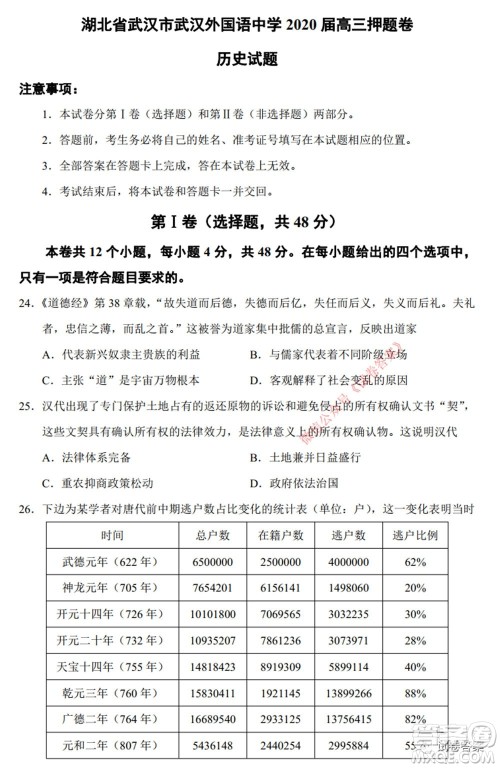 武汉外国语学校2020届高三押题卷历史试题及答案