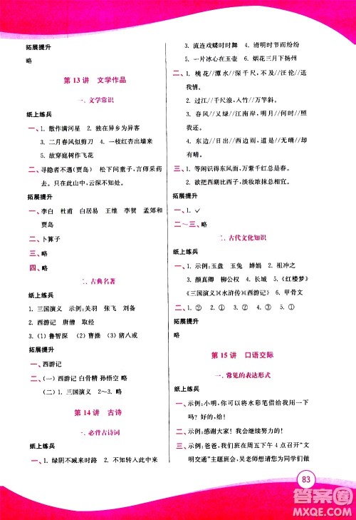 2020年小学语文暑假拔高衔接15讲3升4年级参考答案 2020年小学语文暑假拔高衔接15讲3升4年级参考答案