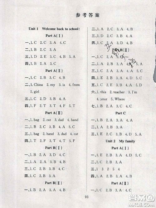 2020年阳光课堂课时作业三年级英语下册人教版答案
