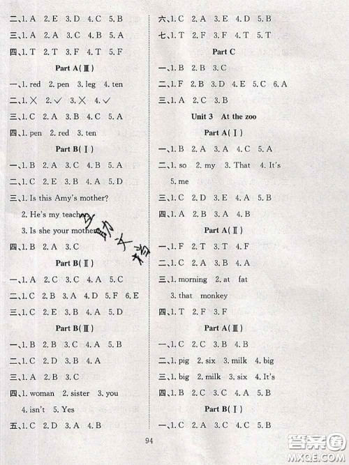 2020年阳光课堂课时作业三年级英语下册人教版答案