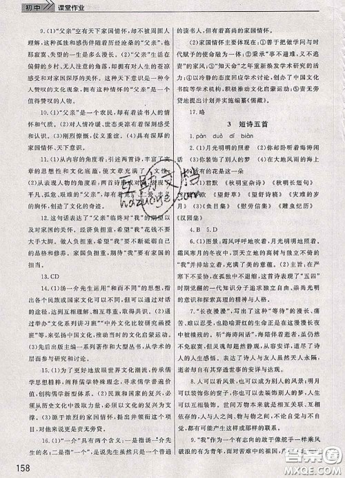 武汉出版社2020年课堂作业九年级语文下册人教版答案