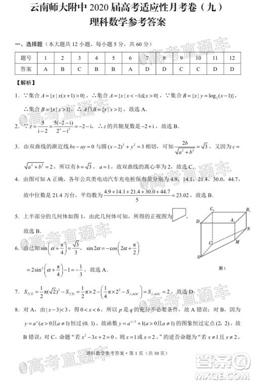 2020届云南师大附中高考适应性月考九理科数学试题及答案