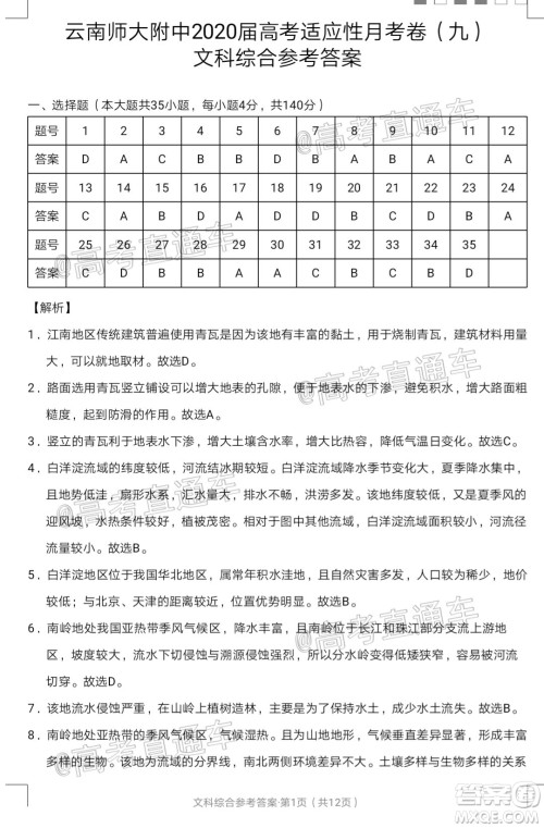 2020届云南师大附中高考适应性月考九文科综合试题及答案 2020届云南师大附中高考适应性月考九文科综合试题及答案