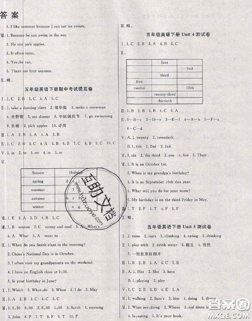 2020年黄冈小博士冲刺100分五年级英语下册人教版答案