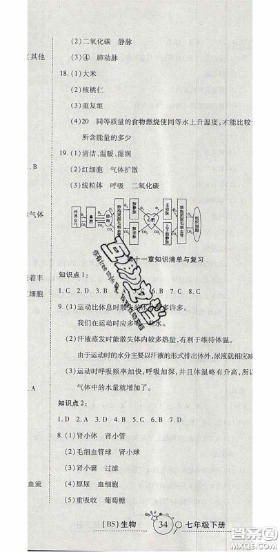 2020开心一卷通全优大考卷七年级生物下册北师大版答案