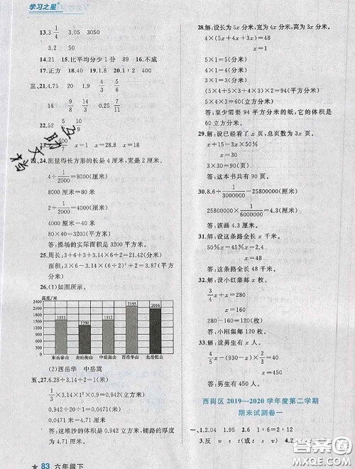 2020年名校期末大连市各区名校期中期末仿真试卷12套六年级数学下册答案