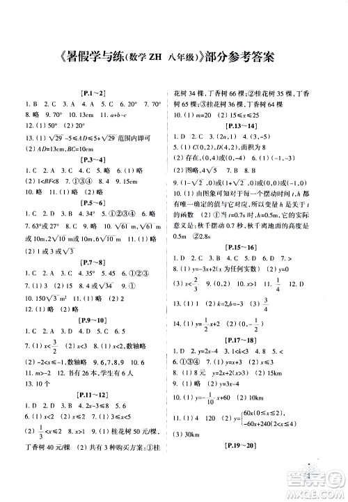 浙江少年儿童出版社2020年暑假学与练八年级数学ZH浙科版参考答案