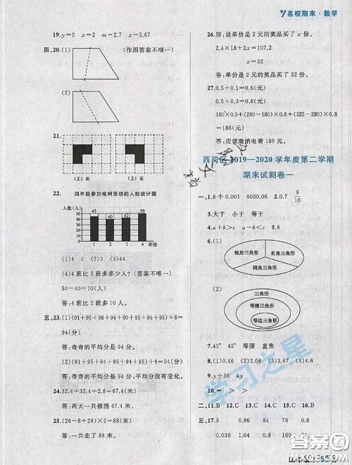 2020年名校期末大连市各区名校期中期末仿真试卷12套四年级数学下册答案