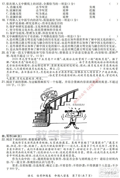 2020年普通高等学校招生全国统一考试命题人密卷语文试题及答案 2020年普通高等学校招生全国统一考试命题人密卷语文试题及答案