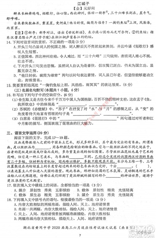 黄冈中学2020届高三适应性考试最后一卷语文试题及答案 黄冈中学2020届高三适应性考试最后一卷语文试题及答案