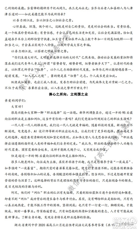 黄冈中学2020届高三适应性考试最后一卷语文试题及答案 黄冈中学2020届高三适应性考试最后一卷语文试题及答案