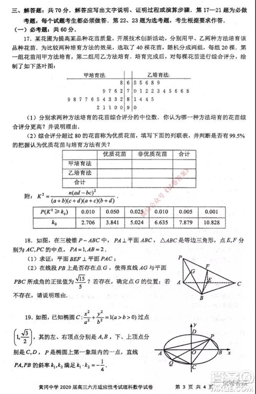 黄冈中学2020届高三适应性考试最后一卷理科数学试题及答案