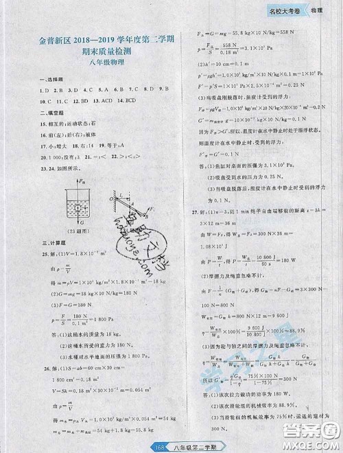 2020年名校大考卷大连市各区名校月考期中期末考试19套八年级物理下册答案