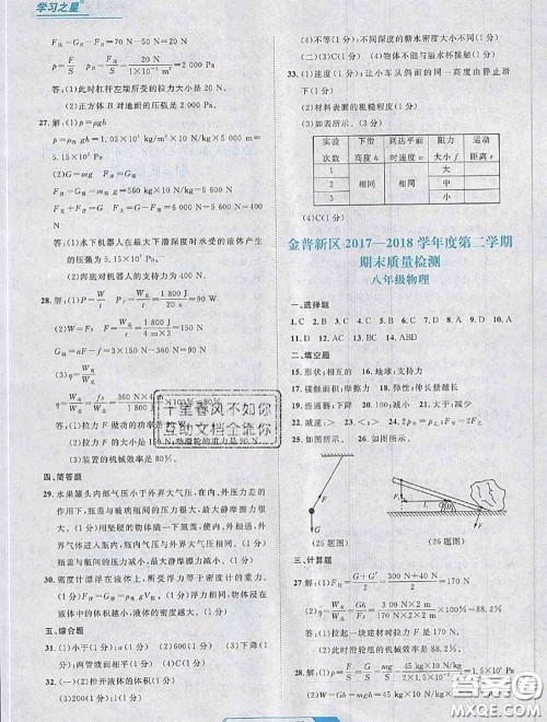 2020年名校大考卷大连市各区名校月考期中期末考试19套八年级物理下册答案