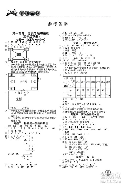 2020年步步高系列假期天天乐新课衔接数学三年级RJ人教版参考答案