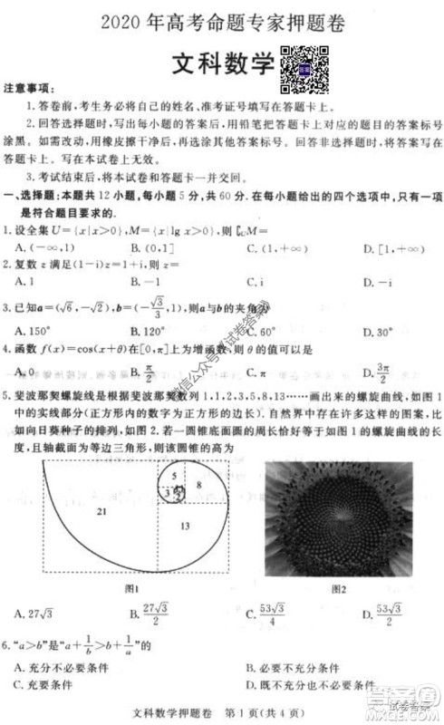 2020年高考命题专家押题卷文科数学试题及答案 2020年高考命题专家押题卷文科数学试题及答案