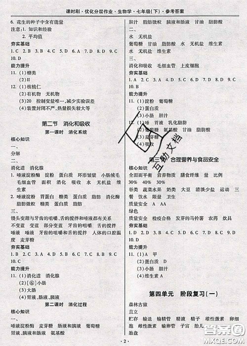 2020年课时刷优化分层作业七年级生物下册人教版答案 2020年课时刷优化分层作业七年级生物下册人教版答案