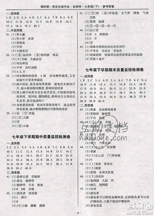 2020年课时刷优化分层作业七年级生物下册人教版答案 2020年课时刷优化分层作业七年级生物下册人教版答案