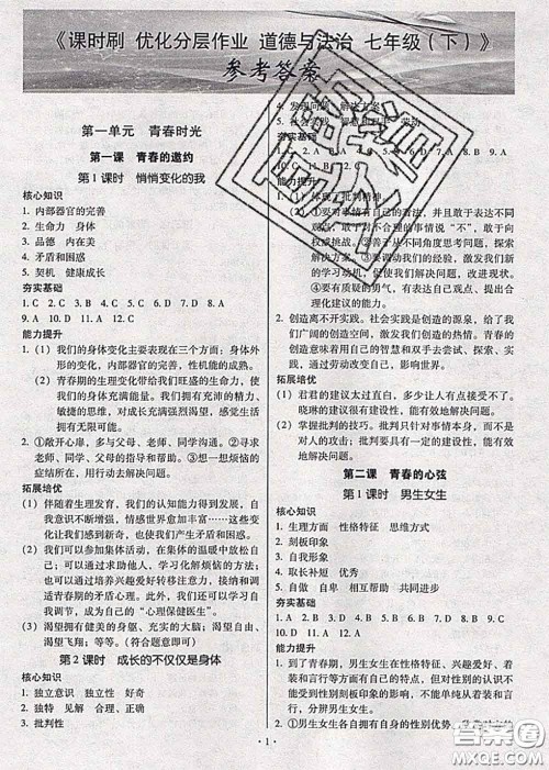 2020年课时刷优化分层作业七年级道德与法治下册人教版答案 2020年课时刷优化分层作业七年级道德与法治下册人教版答案