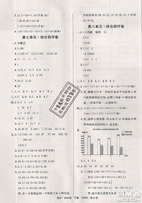 2020年优优好卷单元测评卷四年级数学下册西师版答案