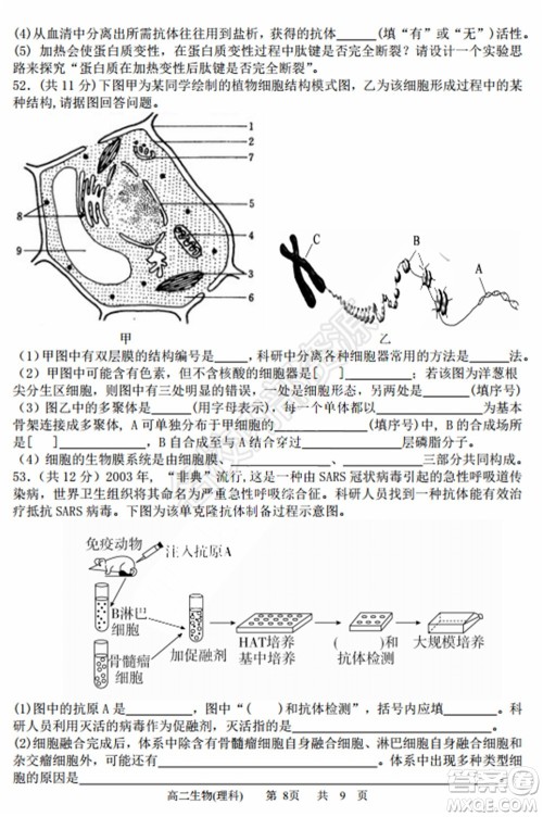 哈三中2020年高二下学期期末考试理科综合试卷及答案