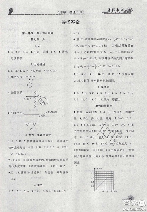 合肥工业大学出版社2020暑假集训八年级物理教科版答案 合肥工业大学出版社2020暑假集训八年级物理教科版答案
